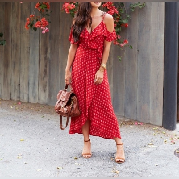 Band of Gypsies Dresses & Skirts - Band of Gypsies Foulard Red and Cream Faux Wrap Dress Women's XS